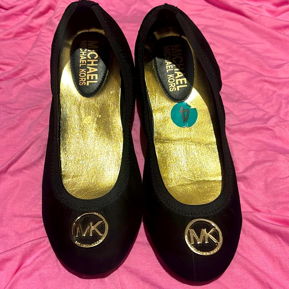 Michael Kors Francesca Black Ballet Flats Gold Logo Casual Dress